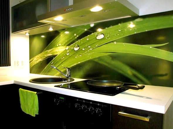 Zöld falak a konyhában üvegből (bőrrel) - gyors és világos