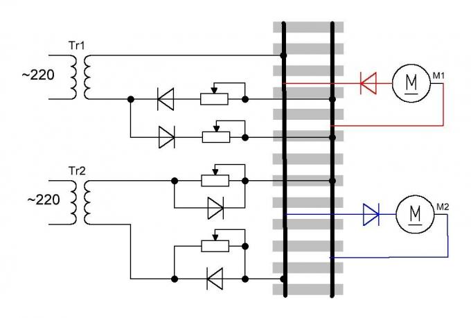 Egy egyszerű vezérlő áramkör két egyenáramú motorok ugyanazon távvezeték