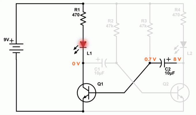 Már a kondenzátor feszültsége C2 gyorsan eléri a 7-8, amikor a LED a bal oldalon.