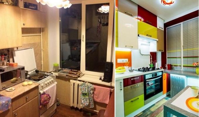 Előtte és utána: egy ragyogó átalakítása a konyhában a „Hruscsov” egy olyan terület 6 négyzetméter. m