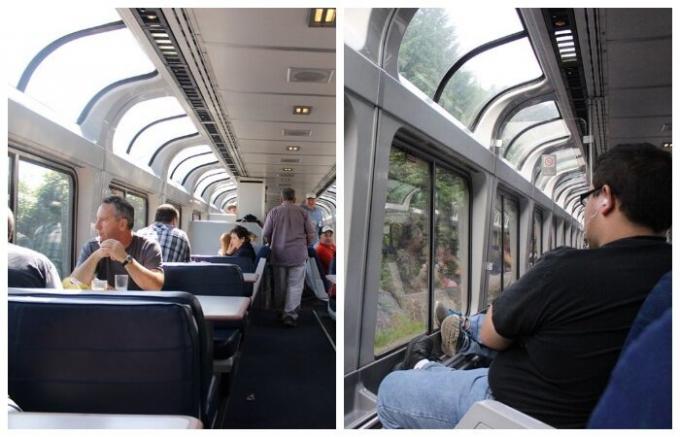 Étkezőkocsi és egy speciális kirándulás vonattal van ellátva panoráma ablakok vannak, hogy az utasok élvezhetik a tájat (USA).