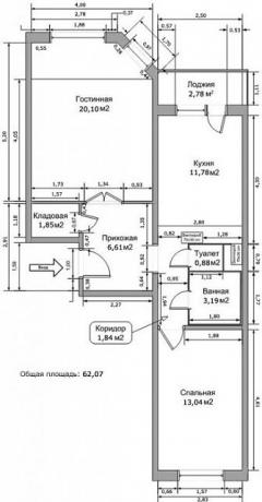 Kétszobás lakás elrendezése az IP-46S sorozat házában, minden dimenzióval