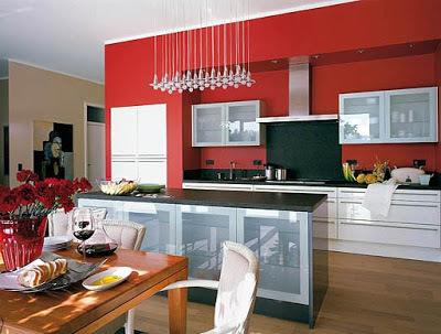 Világos piros háttérkép a fekete-fehér konyhához